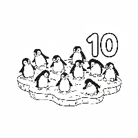 Black and white line art coloring page showing ten penguins with the number 10.