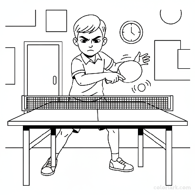 Line art of a serious youngster focusing on backhand topspin technique in table tennis.