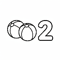 Black and white line art coloring page featuring two bouncy balls and the number 2.