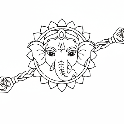 Black and white line art of a traditional Ganesha face Rakhi with classic features and sacred symbols for devotional coloring.