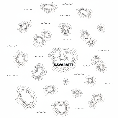 Line art coloring page of the Lakshadweep Islands, depicting the atolls, Kavaratti, and surrounding coral reefs in the Arabian Sea.