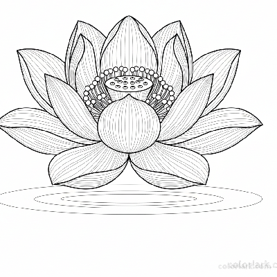 Black and white line art of a realistic, fully opened lotus blossom.