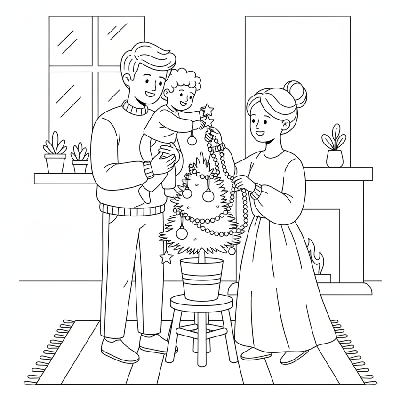 Black and white line art of a family decorating a small potted evergreen Christmas tree with simple ornaments.