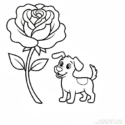 Simple rose and a playful dog outline coloring page for youngsters, black and white line art, easy flower and pet drawing.
