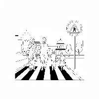 Black and white line art of an Indian family walking towards an Indian pedestrian crossing warning sign.