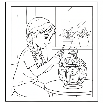Young girl carefully lighting a decorative candle lantern for Diwali ambiance, focused and gentle, black-and-white line art