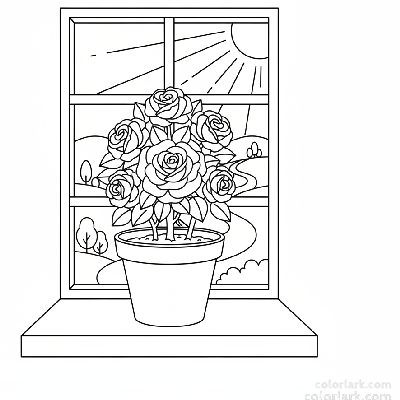 Black and white line art of a blooming rose plant in a terracotta pot on a sunlit windowsill