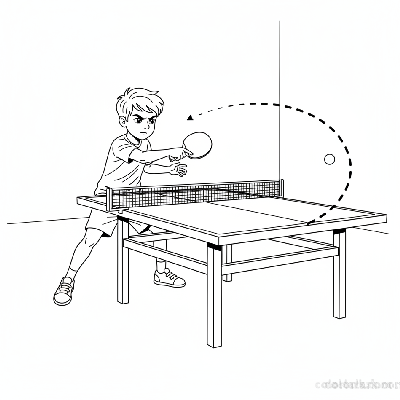 Line art of a focused boy demonstrating strategic backhand placement in table tennis.