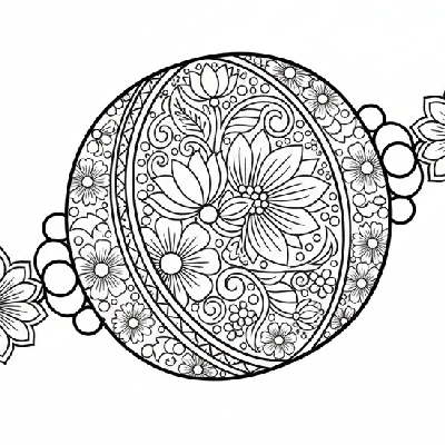 Black and white line art of a traditional bangle style Rakhi with ornate Indian jewelry patterns and rich details for coloring.