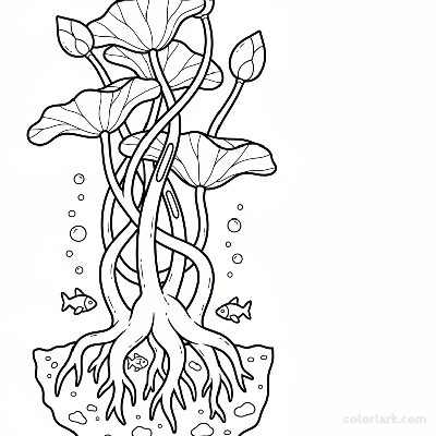 Black and white line art showing an underwater view of lotus roots and thick stems.