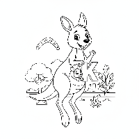 Black and white line art of a hopping kangaroo with the letter K in its pouch.