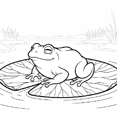 Line art of a graceful frog resting on a lily pad in a coastal pond.
