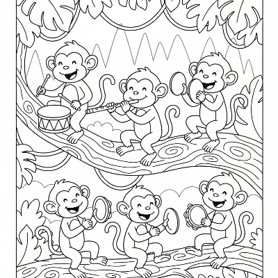 Black and white line art of monkeys playing musical instruments on a tree branch