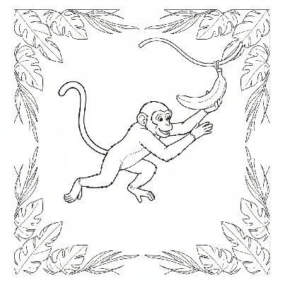 Black and white line art of a mischievous Macaque monkey jumping with outstretched hands to grab a hanging banana.