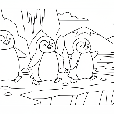Black and white outlines of three happy penguins waddling in a line on a rocky, icy surface in their zoo.