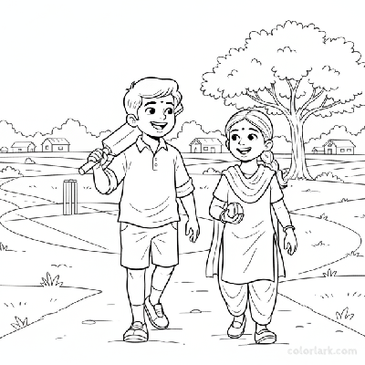 Two happy Indian children walking off a dusty village cricket pitch after a game, carrying bat and ball.