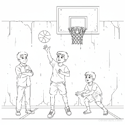 Line art of young Indian boys practicing free throws in street basketball, with a friend watching.