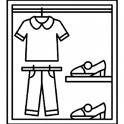 Black and white line art of clothing items like shirts, pants, and shoes, all composed of circles, squares, and triangles, inside a closet for shape recognition.