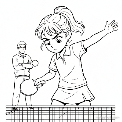 Black and white line art of a girl concentrating on a backspin serve technique with her table tennis coach observing.