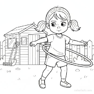 Line art of a little girl learning hula hoop balance in the yard