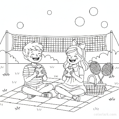Line art of kids enjoying a picnic break during badminton.