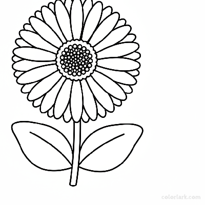 Black and white line art of a cheerful gerbera daisy with prominent, radiating petals and a distinct central disk.