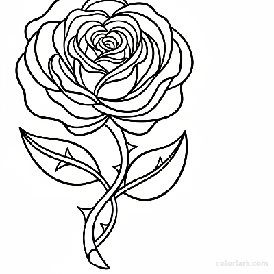 Black and white line art of a rose formed by abstract swirls and flowing decorative lines
