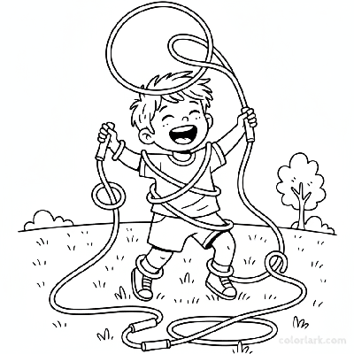 Line art of a laughing child with a very long skipping rope outdoors