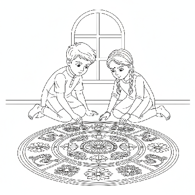 Children meticulously creating intricate patterns with colored sand for rangoli art on the ground, focused, line art