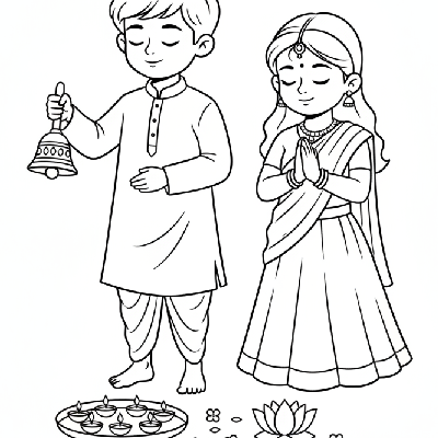 Children gently ringing traditional puja bells during a Diwali worship ceremony, showing devotion, black-and-white line art