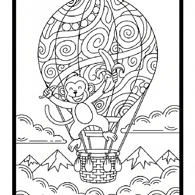 Black and white line art of a monkey playfully leaping from the basket of a hot air balloon, holding a banana, with clouds in the background.