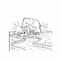 Mother and baby elephant coloring page near dry riverbed