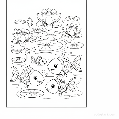 Black and white line art for kids, showing a simple lotus pond with friendly fish and lotus flowers.