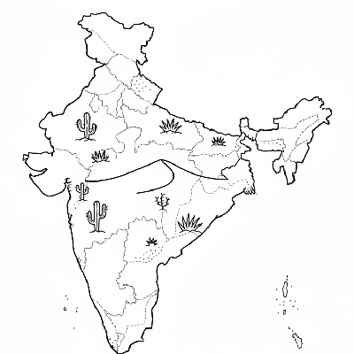 Line art coloring map of India, highlighting the Thar Desert and other arid regions with sand dunes.