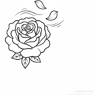Black and white line art of a blooming rose with petals gently being carried by a soft breeze