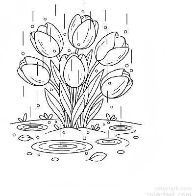 Line art illustration of tulips gently swaying in the rain with puddles on the ground