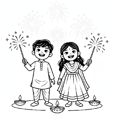 Joyful children holding safe sparklers during Diwali night celebration, smiling brightly, black-and-white line art