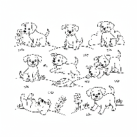 A black-and-white line art illustration showing nine playful brown puppies in a field, for learning to count the number 9.