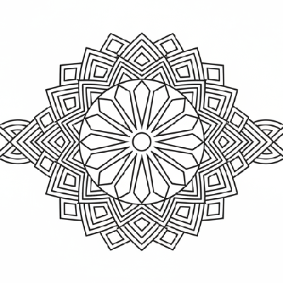 Black and white line art of a minimalist Rakhi with intricate threadwork and geometric weaving patterns for adult coloring.