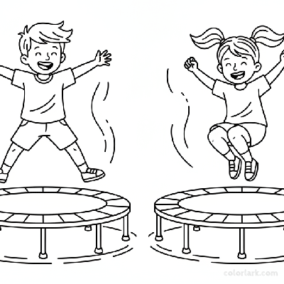 Black and white line art of kids demonstrating full body movement during trampoline jumps in a kids fitness center.