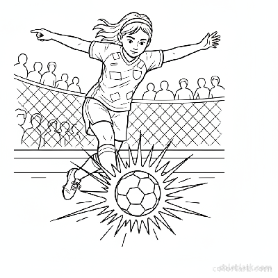 Line art of a girl youth footballer blasting a soccer ball.