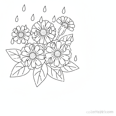 Black and white line art of simple flowers with clearly outlined raindrops falling on their petals and leaves.
