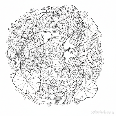 Black and white line art of graceful koi fish swimming among lotus flowers and lily pads.