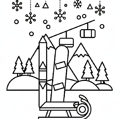 Black and white line art of winter ski resort items like skis, a snowboard, and a sled, all composed of circles, squares, and triangles for shape recognition.