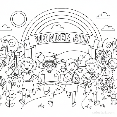 Line art of kids sprinting under a rainbow finish line with a whimsical cheering crowd