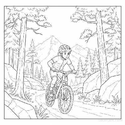 Black and white line art coloring page of a child with a helmet, riding a bicycle on a secluded mountain footpath.