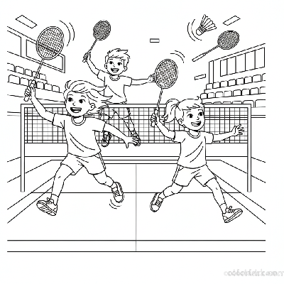 Four children in dynamic poses, playing a fast-paced doubles badminton rally.