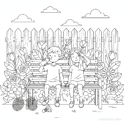 Line art of kids resting on a bench after badminton in a sunny backyard.