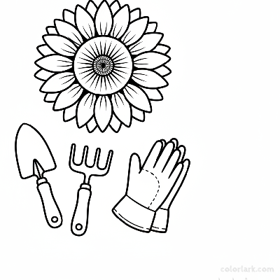 Black and white line art still life of a sunflower with garden tools