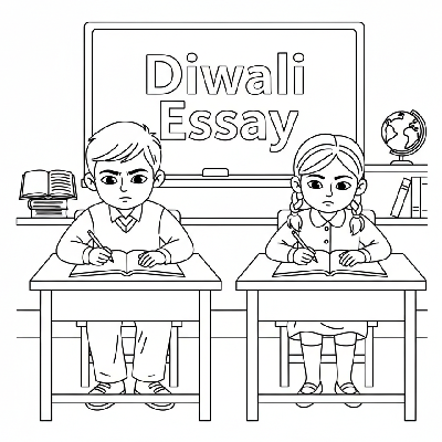 Young students diligently writing essays about the meaning of Diwali festival in a classroom setting, black-and-white line art